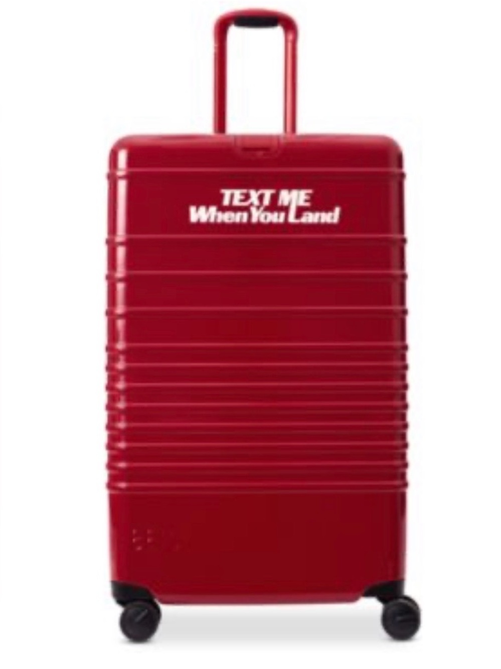 BEIS Red Carry-On Spinner Luggage with "Text Me When You Land" Graphic